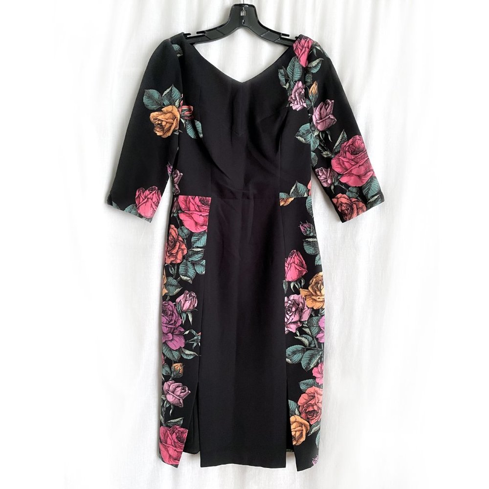 Black Halo midi dress below-knee. Black with roses. Size 4. New with tag NEW